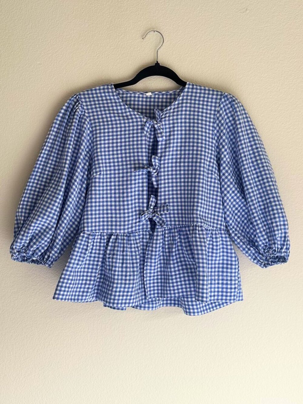 Blue Gingham Peplum Tie Front Top Puff Sleeve Cottagecore Babydoll Blouse S